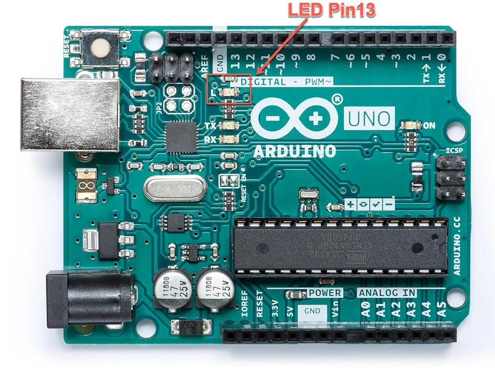 ตำแหน่ง LED Pin 13 บนบอร์ด