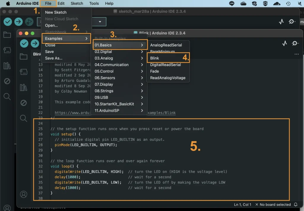 ขั้นตอนการเปิดตัวอย่างโปรแกรม Blink